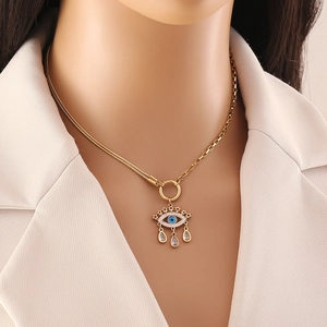 Evil Eye Sun Moon Pendant Necklace Stainless Steel Gold Plated Zircon Turquoise Y Shape Tassel Jewelry For Women