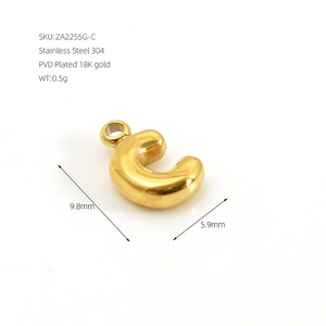 Detailed view of 18K gold plated stainless steel letter C pendant with dimension labels