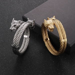 Rock style titanium steel wire cable wolf head bracelets in gold and silver finish
