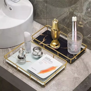 Bandeja De Tocador Lujo Textura Mármol Marco Metal Acabado Dorado Organizador Baño Almacenamiento Maquillaje Decorativa
