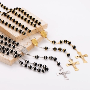 18K gold plated stainless steel 8mm bead necklaces with crucifix and holy medal pendants