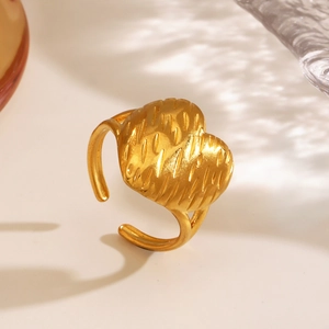 18K gold plated heart ring with vertical textured stripes and adjustable open band