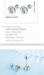 Detailed view of 6mm round zircon stud earrings with secure screw back closure