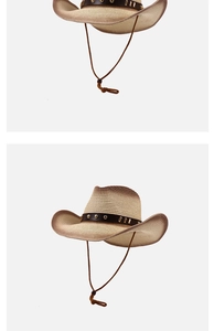 Detail of vintage Western cowboy straw hat with studded leather band for sun protection