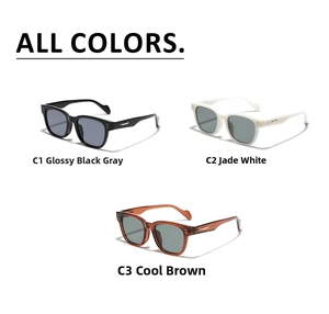 Three pairs of vintage square sunglasses in black, cream, and transparent brown colors