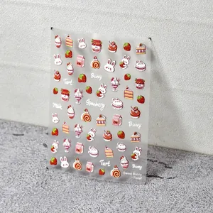 Pegatinas 5D para uñas con postres lindos como fresas y conejitos en relieve