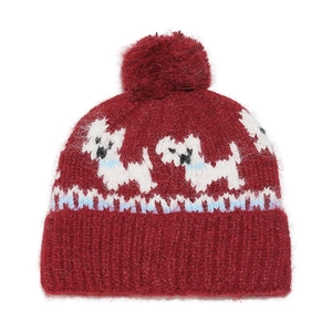Berretto in maglia rossa con pompon, motivo Terrier bianco e morbida trama in mohair