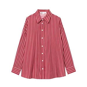 Classic red and white vertical striped long sleeve poplin shirt with a crisp pointed collar