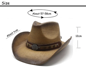 Detailed view of wide-brim cowboy hat showing 57-58cm size and star rivet band