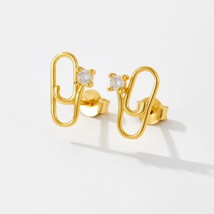 Elegant gold S925 sterling silver paperclip earrings with cubic zirconia stones