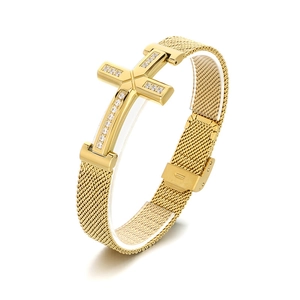 Golden stainless steel cross bracelet with sparkling crystals and mesh watch band strap