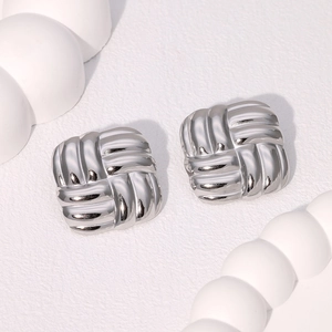 Minimalist square braided texture stud earrings in silver stainless steel for women