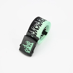 Detail of canvas belt featuring flame print in black and mint green color contrast
