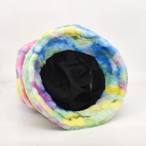 Rainbow tie-dye faux fur bucket hat with thick plush texture and adjustable inner drawstring
