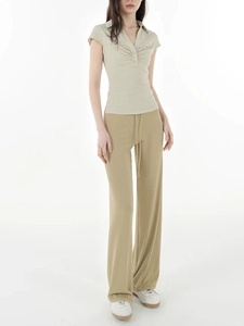 Women casual set with V-neck short sleeve top and loose drawstring wide leg pants