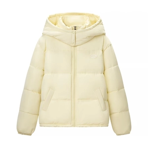 Women's winter quilted puffer jacket in cream yellow with hood and side pockets