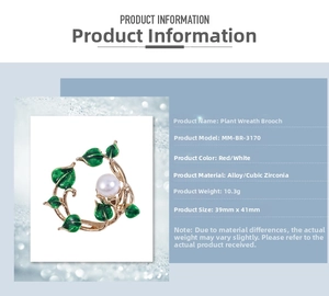 Detail view of floral wreath brooch with green enamel leaves and white pearl center