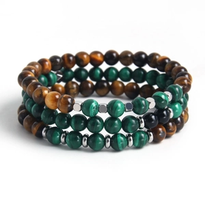 Tiger eye and malachite natural stone bead bracelet set with stainless steel accents