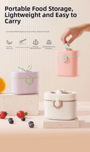 Detail view of portable milk powder container with scoop separator and handle