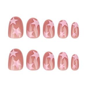 Unghie finte corte e tonde rosa con stelle, set da 10 pezzi disposti in due file
