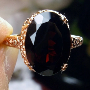 Vintage red zircon ring in gold finish with intricate floral engraving for women