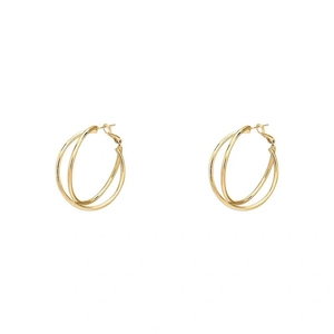 Minimalist double layer crossed gold hoop earrings featuring geometric round design