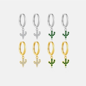 925 Sterling Silver Cactus Drop Hoop Earrings 18K Gold Plated Zirconia Inlaid Fashion Jewelry For Women Gift