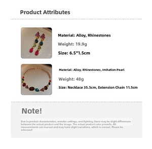 Detailed spec sheet showing dimensions for crystal drop earrings and pearl flower necklace