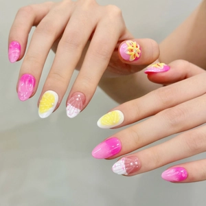 Pink 3D floral almond press-on nails with seashell texture and pearls for summer holiday