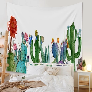 Detailed macro view of bohemian polyester wall tapestry with watercolor cactus and succulents