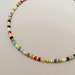 Colorful natural gemstone beaded necklace with gold metal spacers for women