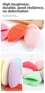 Macro detail of multi-color facial sponges showing porous fiber texture and finger pockets