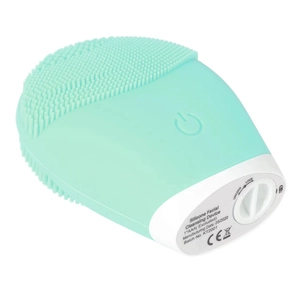 Detail view of the silicone facial cleanser base showing CE certification and battery slot info