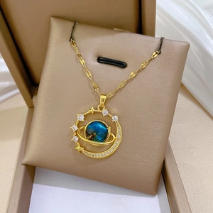 Luxurious gold-plated titanium planet necklace with blue stone and sparkling crystals