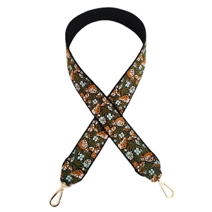 Thick jacquard bag strap with orange and blue floral embroidery and gold metal hooks