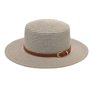 Detail shot of the fine light gray woven texture with brown faux leather band and gold buckle