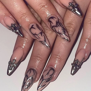 Gothic Press On Nails Almond Shape With Silver Metal Cross And Fleur De Lis Retro Cool Girl Y2K False Nails