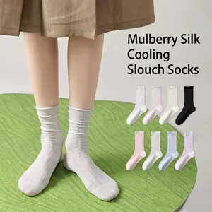 Women Mid Calf Slouch Socks Mulberry Satin Viscose Breathable Mesh Ruffled Lettuce Edge Ribbed Summer Thin Solid Color