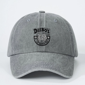 Gray washed denim baseball cap featuring retro Deebos Bike Rentals logo on a white background