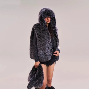 Faux fur vest set with oversized hood, matching bag and leg warmers in silver grey