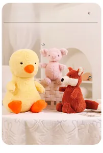 Close-up of soft plush duck, pig, and fox dolls with fluffy texture in a woven basket