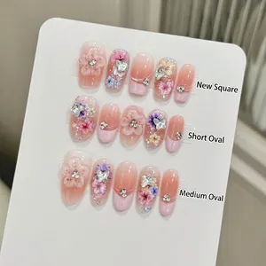 Press On Nails 3D Embossed Flowers Rhinestones French Tip Gradient Blush Pink Purple Elegant Handmade For Women