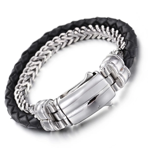 Men's double-layer woven leather bracelet with silver wheat chain and metal spring clasp