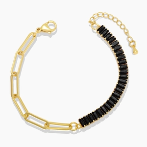 Detailed close-up of gold chain bracelet featuring elegant rectangular black zircon stones