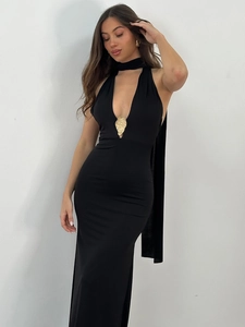 Sleepless V-neck halter maxi dress in black with gold metal hardware detailing