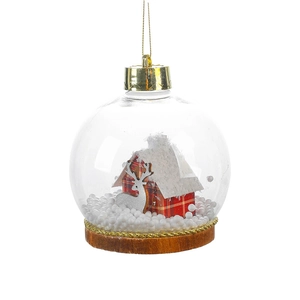 Bola de Navidad LED transparente con cabaña en miniatura, reno y decorado de nieve blanca