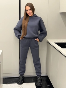 Oversized dark grey cotton hooded sweatshirt and sweatpants two-piece tracksuit set