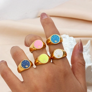Chic 18k gold plated stainless steel enamel rings with celestial shell and star patterns