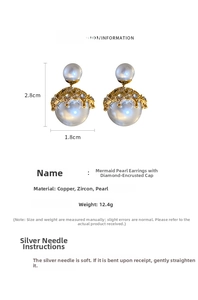 Size guide for mermaid pearl earrings featuring mesh cap and rhinestone details
