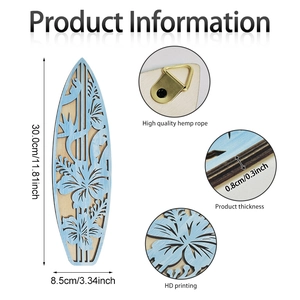 3D hollow wooden surfboard wall decor with tropical hibiscus patterns and hanging rope